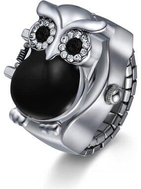 Unisex Black Analog Quartz Stylish Owl Flip-Open Cover Adjustable Ring Watch